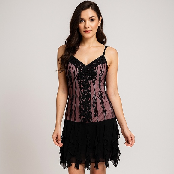 Sue Wong Dresses & Skirts - Sue Wong 1920s Mauve Pink & Black 100% Silk Gatsby Embellish Flapper Dress - XS